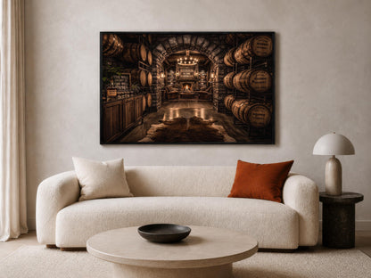 a cozy living room with a large, ornate wine cellar as the focal point. The cellar is filled with numerous wooden barrels, creating a rustic and inviting atmosphere. The room is furnished with a white sofa and a round coffee table, providing a comfortable and welcoming space for relaxation and conversation.