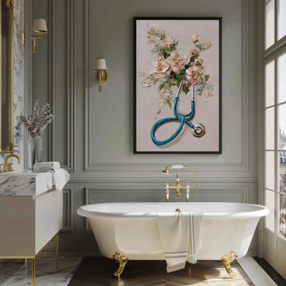 Doctor canvas wall art shown in a bathroom