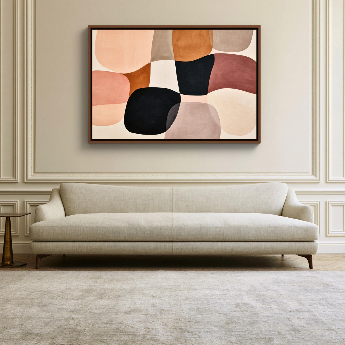 Blush organic shapes abstract canvas wall art, large abstract painting hanging on a wall above a beige sofa in a living room