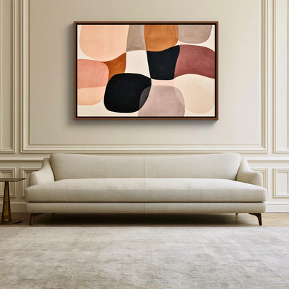 Blush organic shapes abstract canvas wall art, large abstract painting hanging on a wall above a beige sofa in a living room