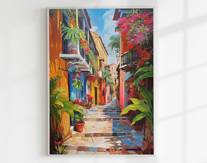 Cartagena Street , Vibrant Colombian canvas wall art, gallery-wrapped or framed