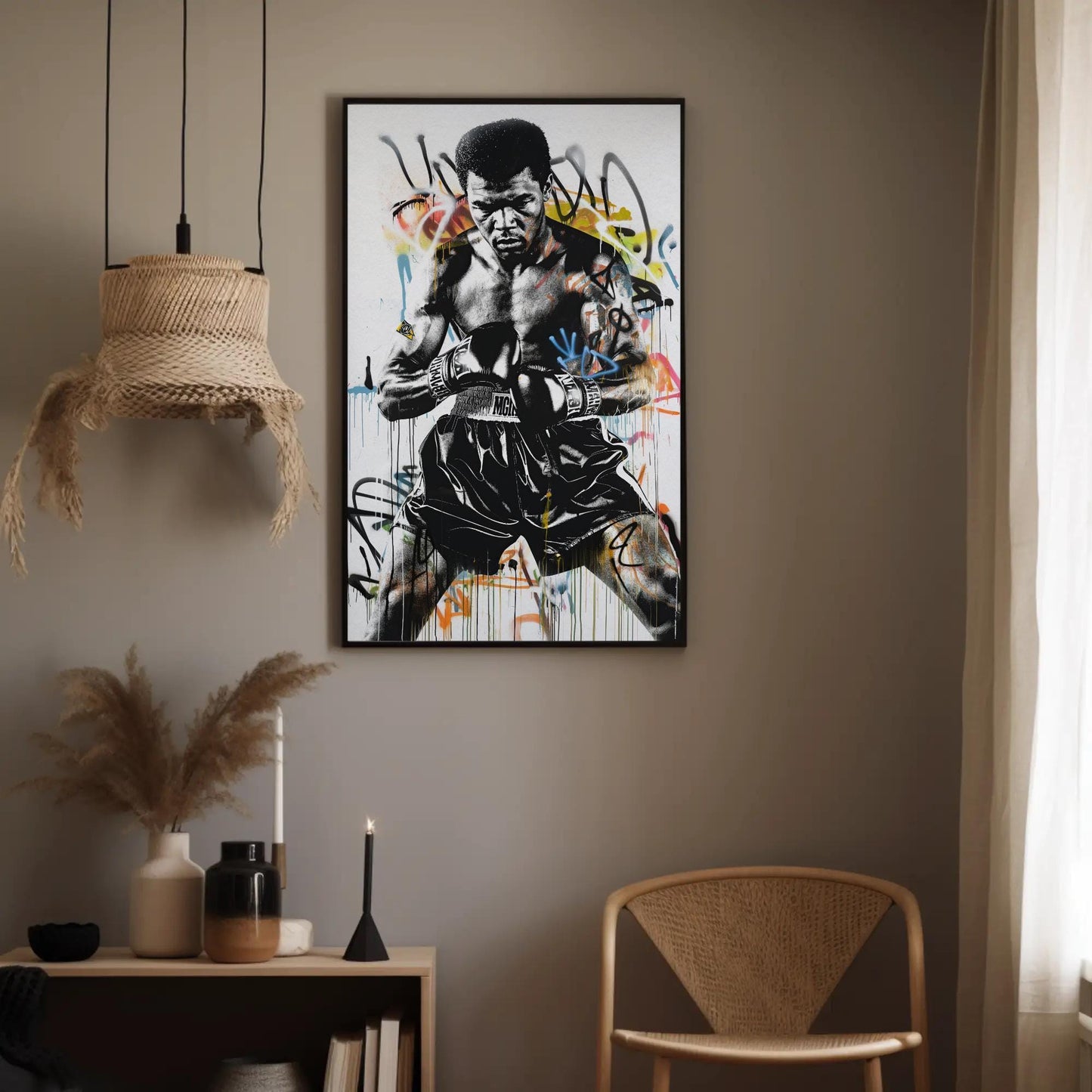 Muhammad Ali Graffiti canvas wall art shown in a styled interior