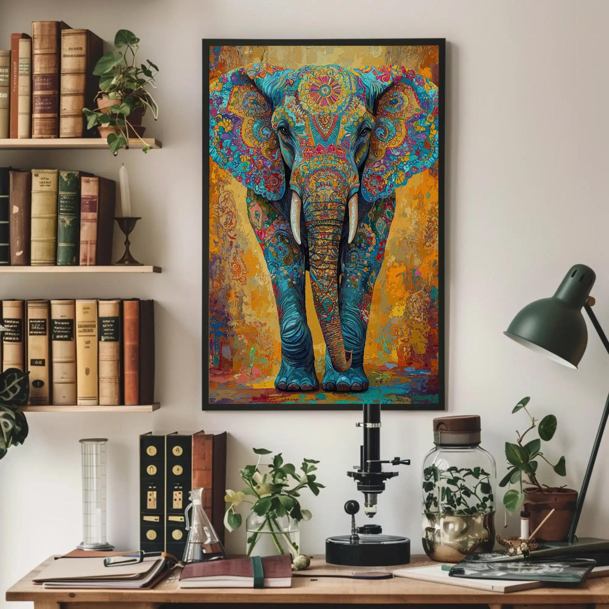 Blue mandala elephant canvas wall art, vibrant, colorful painting of an elephant hanging on a wall above a wooden desk. The