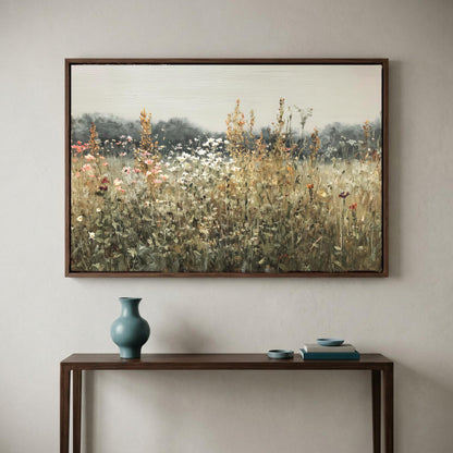 Sage wildflower meadow canvas wall art, large painting of a field with tall grass and wildflowers hanging on a wall above a