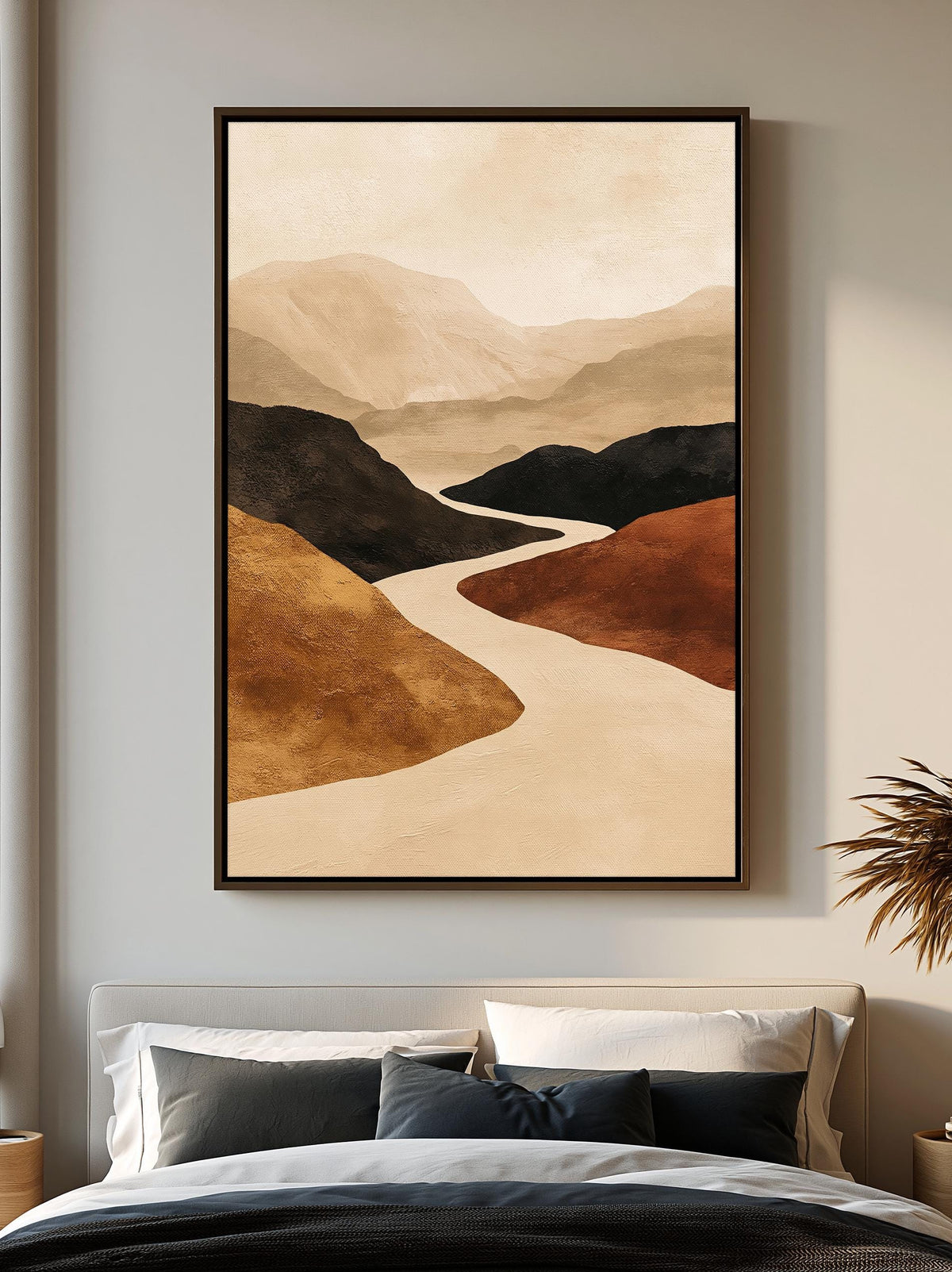 Abstract Mountain Wall Art, Winding River Canvas, Terracotta Ochre