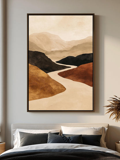 Abstract Mountain Wall Art, Winding River Canvas, Terracotta Ochre