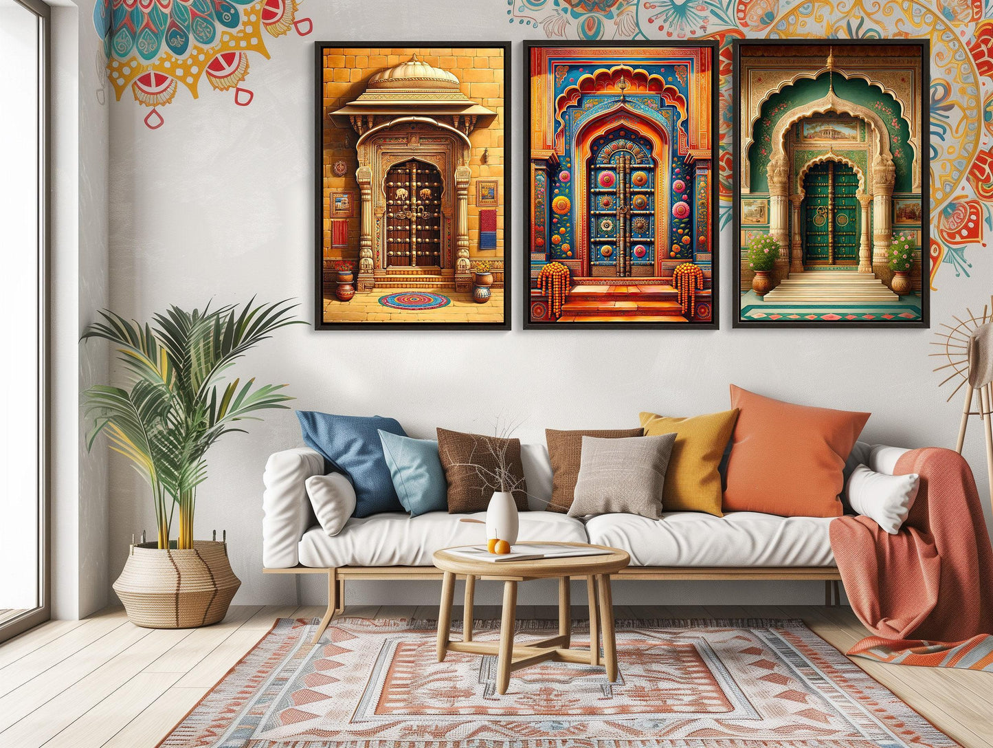 Rajasthani Door canvas wall art shown in a living room