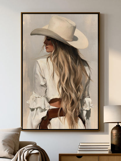 a woman wearing a white hat and a white dress, standing against a white background.