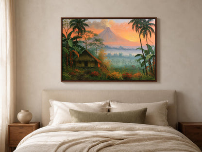 a serene tropical landscape with a lush green forest, a small hut, and a majestic mountain in the background.