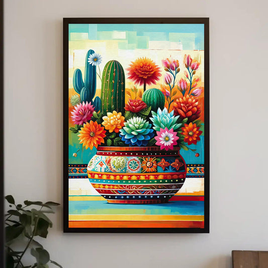 Mexican Floral Cactus Canvas Print, Vibrant Fiesta Wall Art