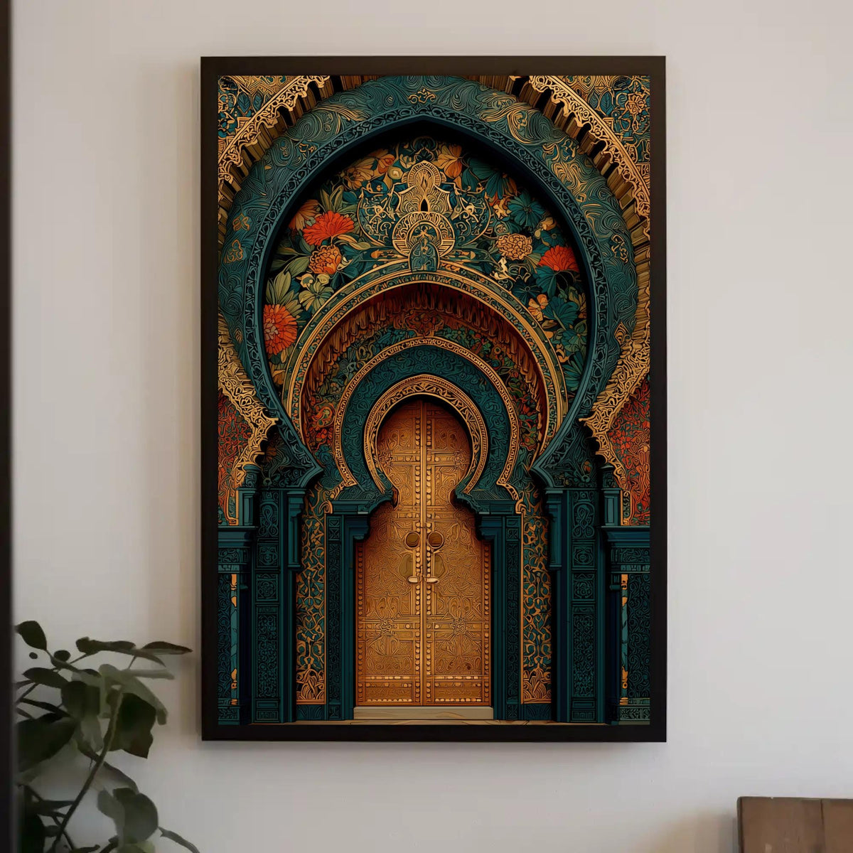Moroccan archway canvas wall art, teal and gold ornate arches around a carved golden door