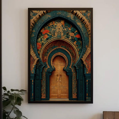 Moroccan archway canvas wall art, teal and gold ornate arches around a carved golden door