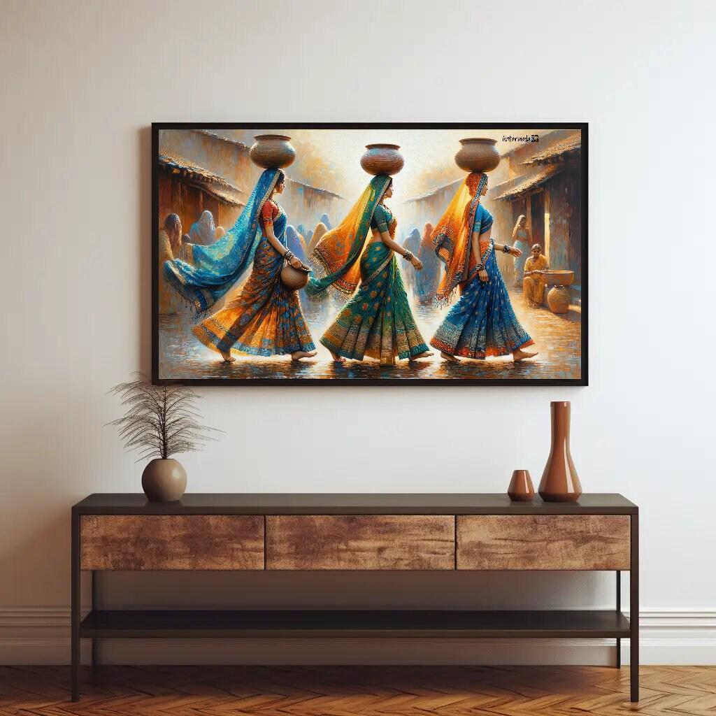 Indian Women Clay Pots , Traditional Desi traditional canvas wall art, ready to hang (view 2)