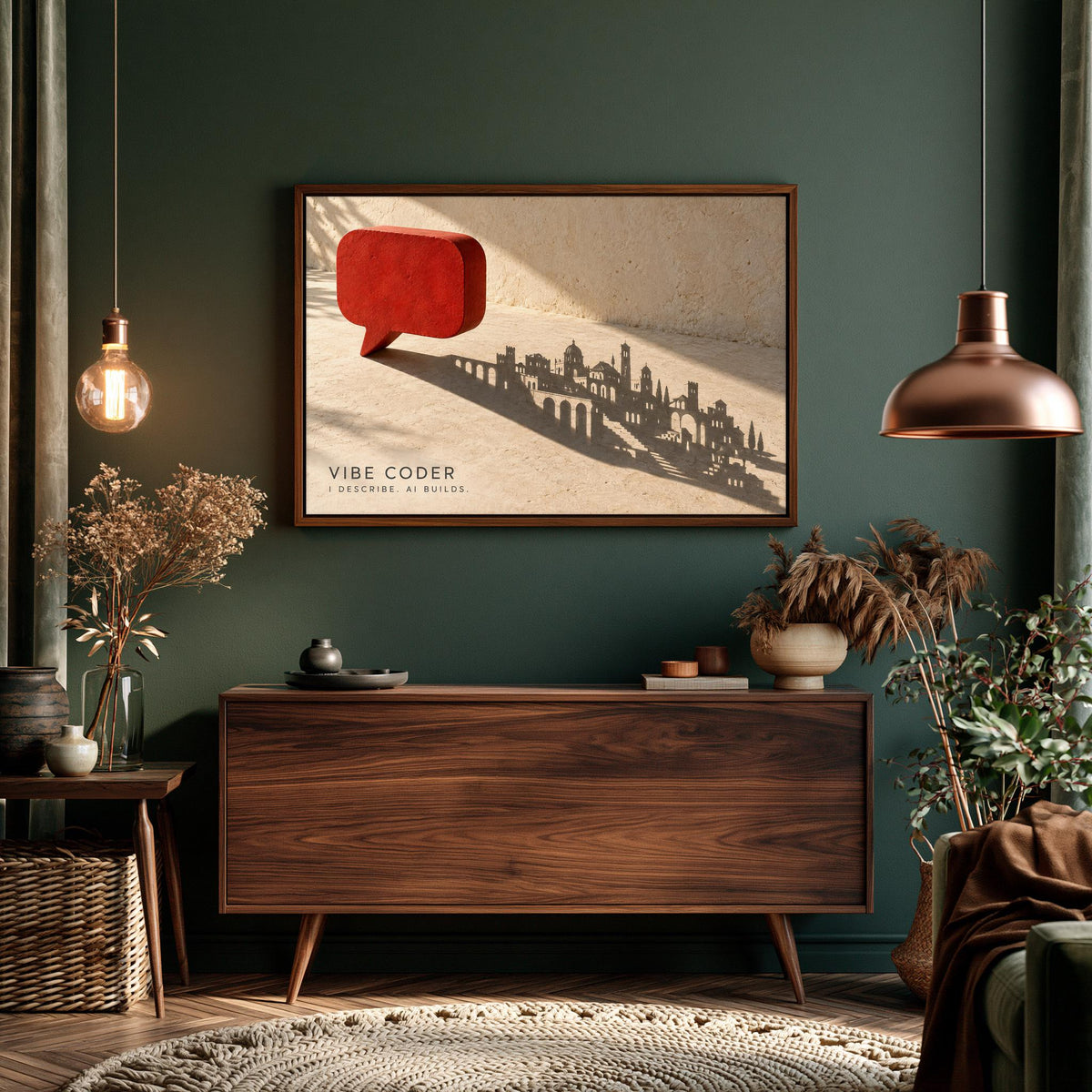 a modern living room with a large wooden dresser, a framed artwork depicting a city skyline, and various decorative elements such as potted plants and vases.