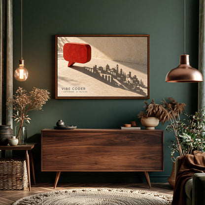 a modern living room with a large wooden dresser, a framed artwork depicting a city skyline, and various decorative elements such as potted plants and vases.