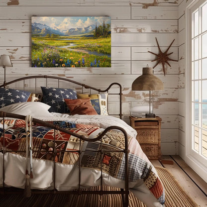 Vintage Mountain River Canvas Print, Meadow Field Wall Art