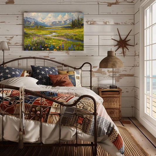 Vintage Mountain River , Meadow Field vintage canvas wall art, ready to hang