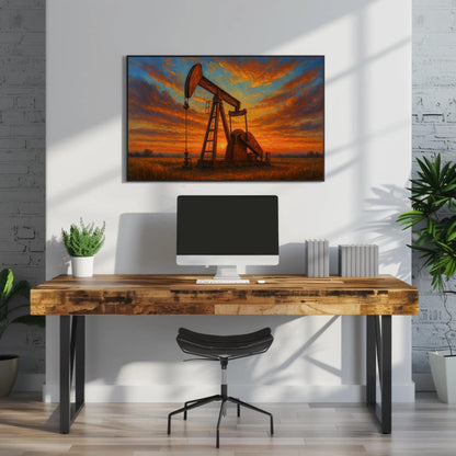 Texas Oil Rig , Western Sunset Industrial canvas wall art, ready to hang
