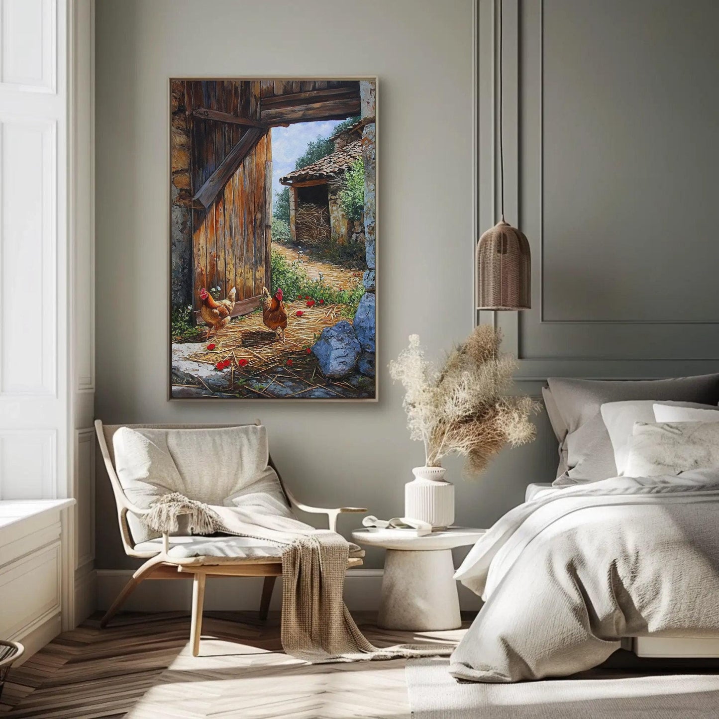 Chickens Barn canvas wall art shown in a styled interior
