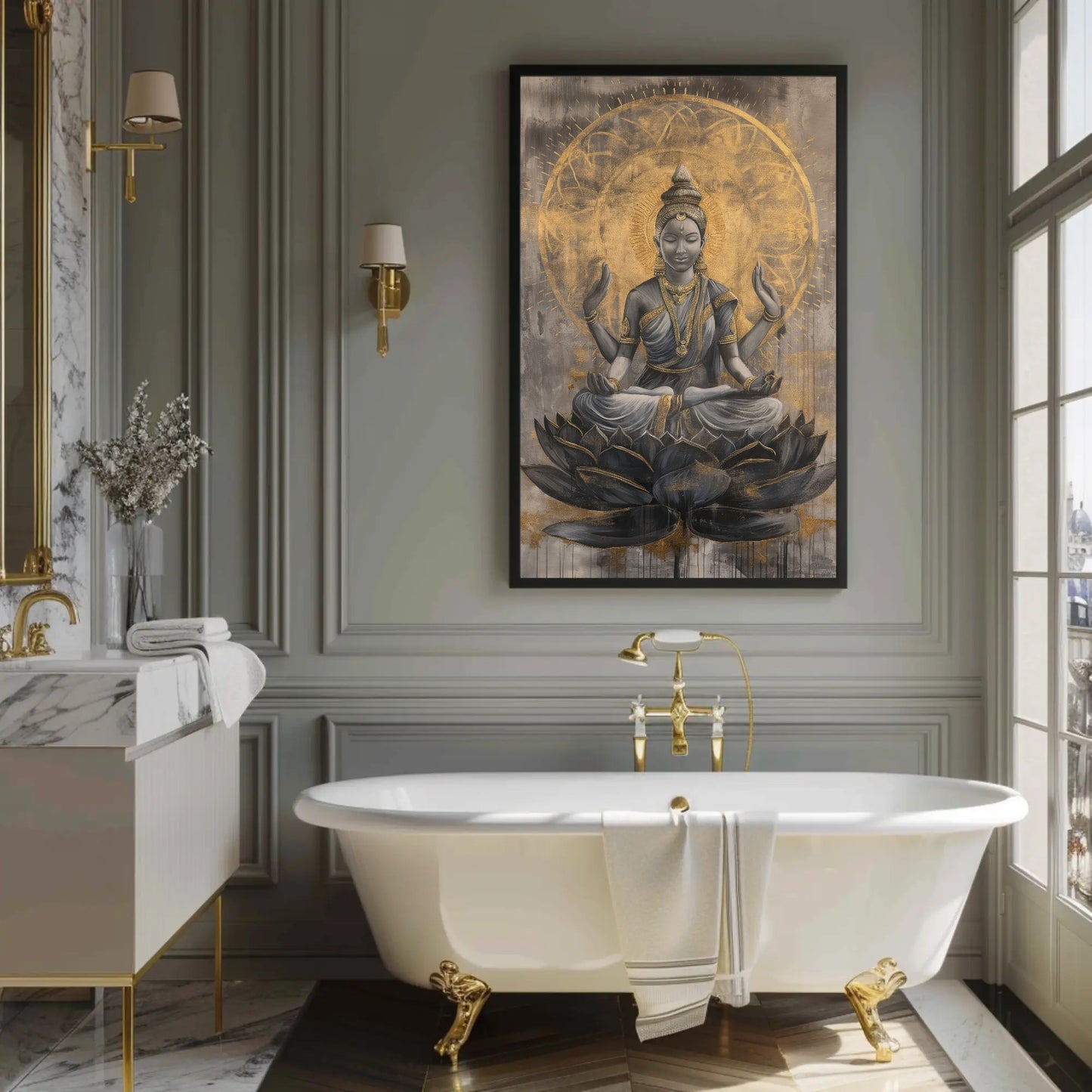 Lakshmi Gold , Hindu Prosperity canvas wall art shown in a bathroom