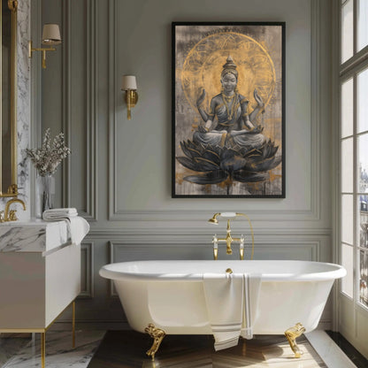 Lakshmi Gold , Hindu Prosperity canvas wall art shown in a bathroom