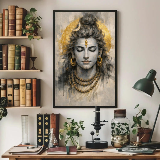 Meditating Lord Shiva canvas wall art, framed painting of a Hindu deity with a golden headdress, surrounded by various