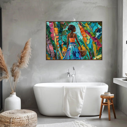 Caribbean Woman canvas wall art shown in a bathroom