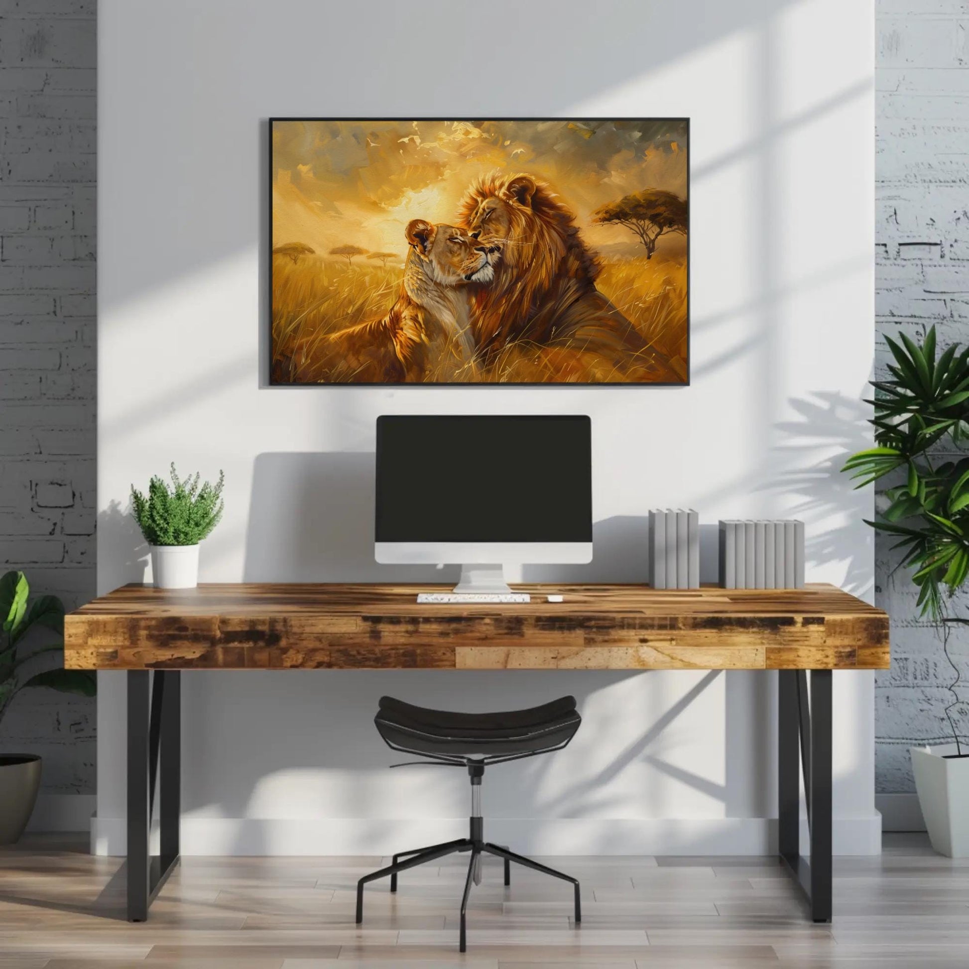 Lion Couple , Romantic Wildlife Sunset canvas wall art shown above a desk