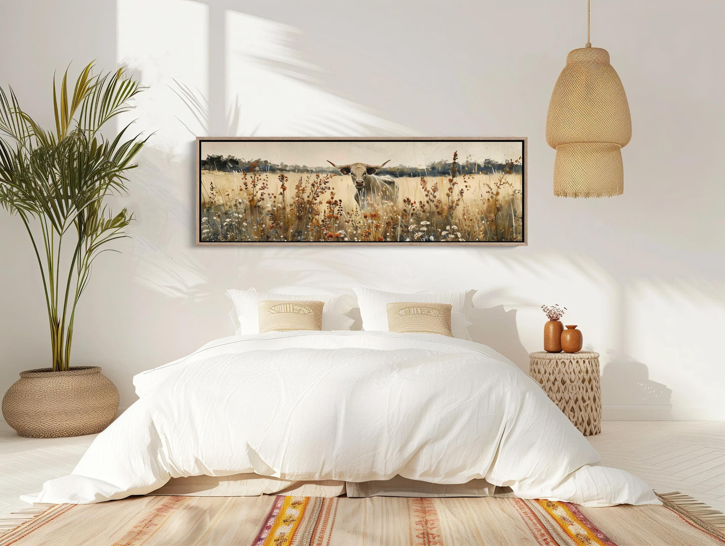 Texas Longhorn Cow canvas wall art shown in a bedroom (view 2)
