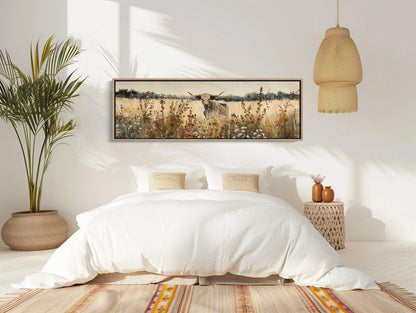 Texas Longhorn Cow canvas wall art shown in a bedroom (view 2)