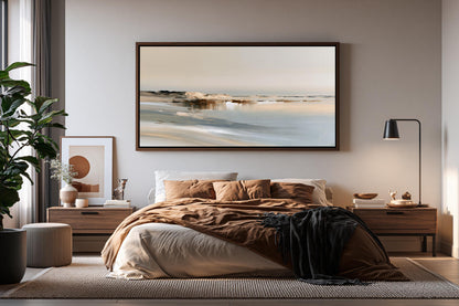 a serene bedroom with a large bed, a wooden nightstand, and a framed landscape painting on the wall.
