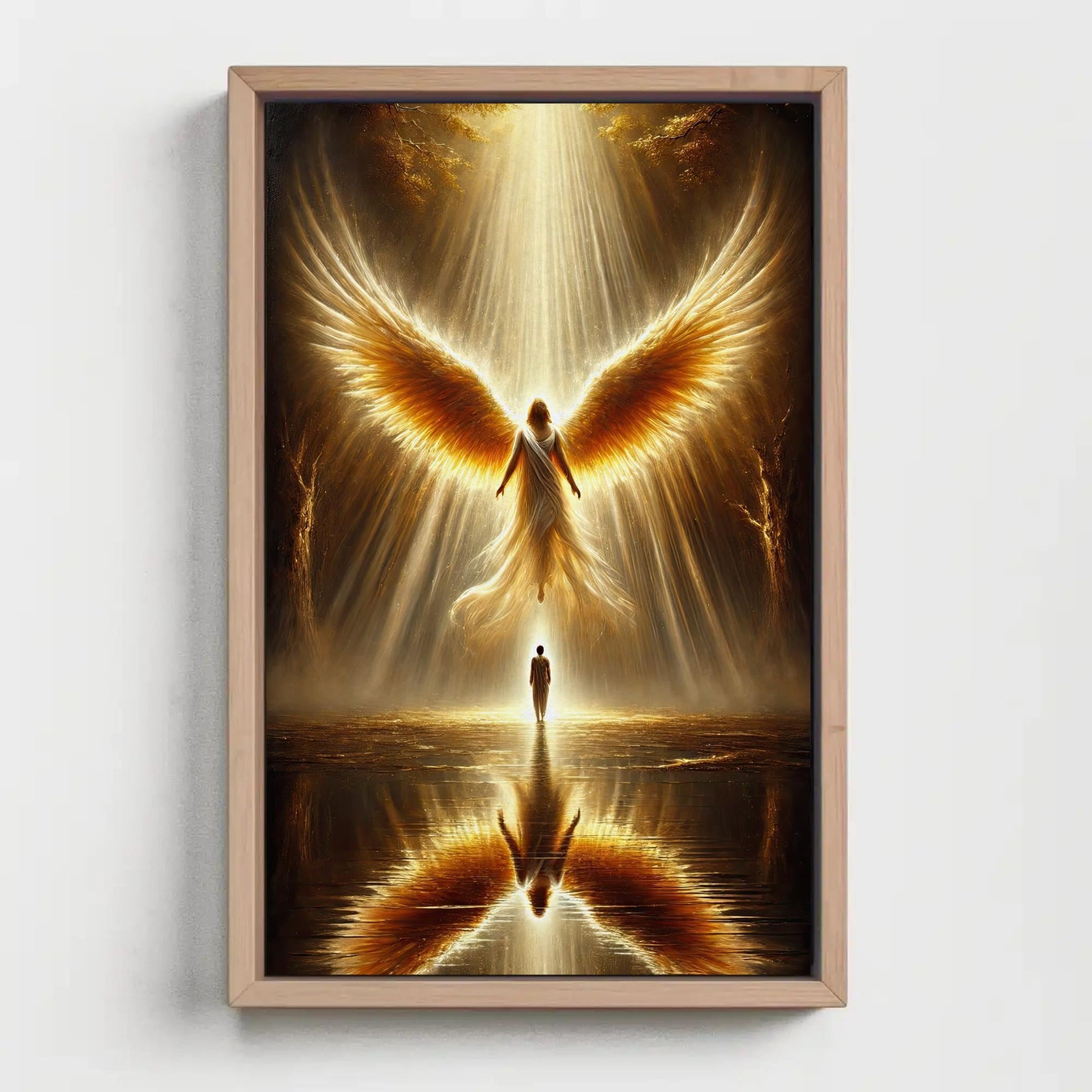 Golden Angel , Guardian Divine Protection canvas wall art shown in a styled room
