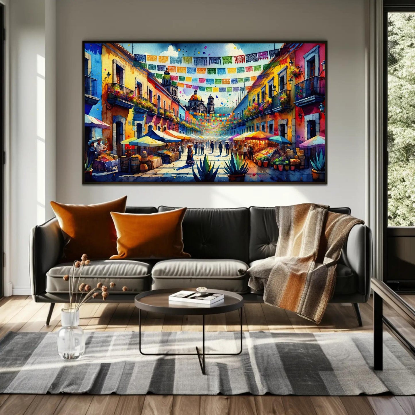Mexican Street Scene , Traditional Pueblo canvas wall art shown in a living room