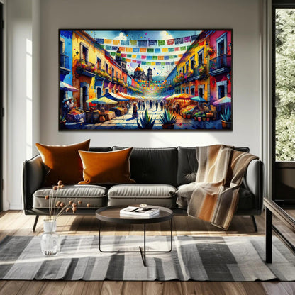Mexican Street Scene , Traditional Pueblo canvas wall art shown in a living room