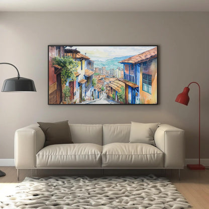 Medellín Watercolor Painting canvas wall art shown in a living room