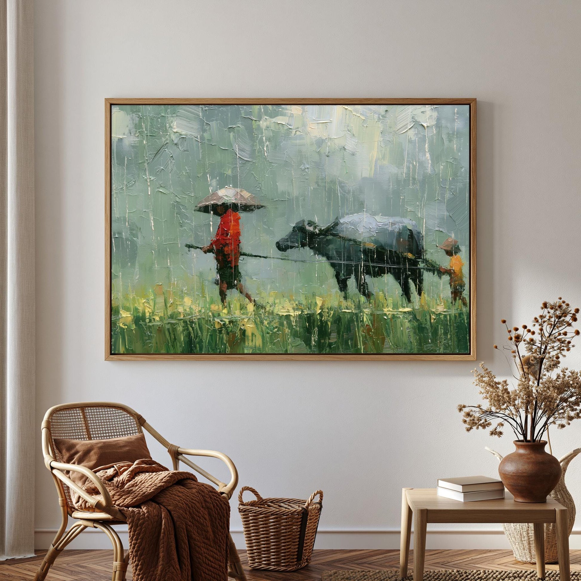 a person walking with an umbrella in a field, accompanied by a cow, with a painting hanging on the wall above a wicker chair and a small table with a vase of flowers.
