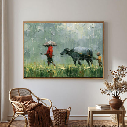 a person walking with an umbrella in a field, accompanied by a cow, with a painting hanging on the wall above a wicker chair and a small table with a vase of flowers.