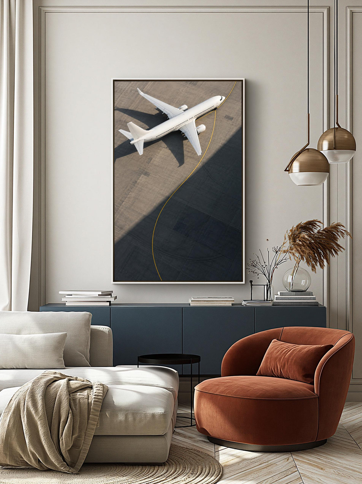 a modern living room with a large framed picture of a white airplane on the wall, a blue cabinet, a white sofa, a red armchair, and a beige rug.