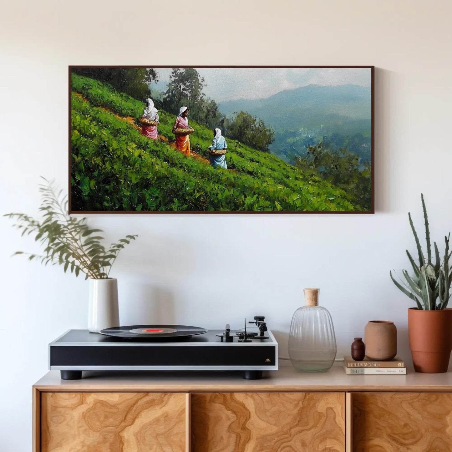 Kerala Tea Plantation Art canvas wall art shown above a cabinet