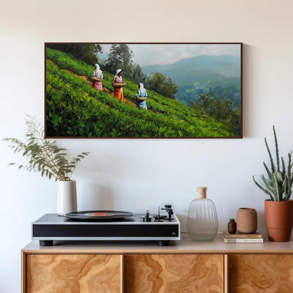 Kerala Tea Plantation Art canvas wall art shown above a cabinet