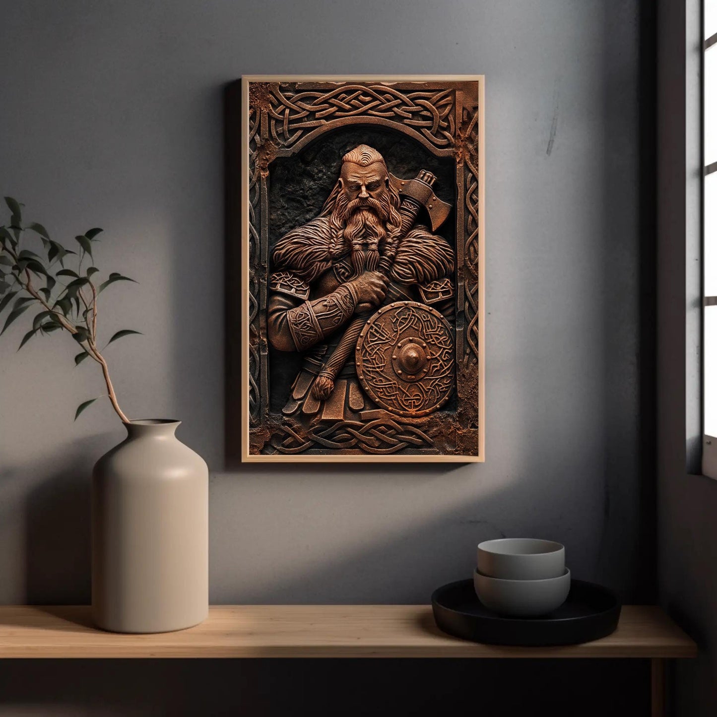 Viking Warrior canvas wall art shown in a styled room