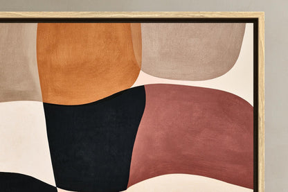 Blush organic shapes abstract canvas wall art, image is a close-up of a framed abstract artwork, featuring a variety of