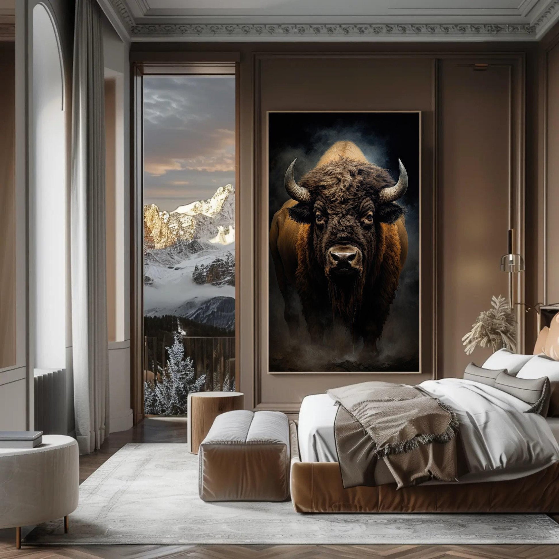 Bison canvas wall art shown in a bedroom