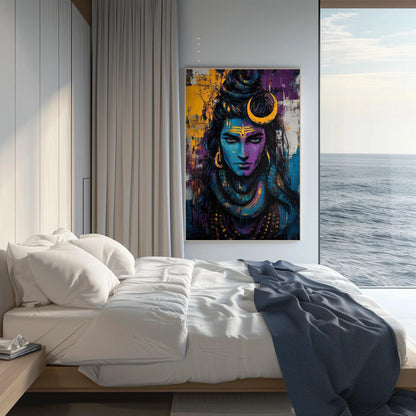 Lord Shiva canvas wall art shown in a bedroom