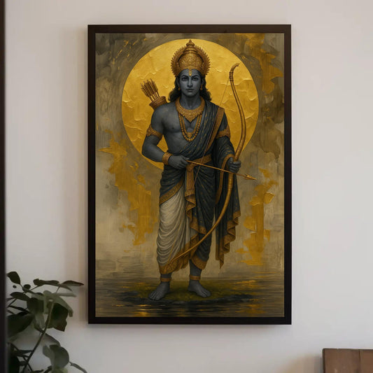 Lord Rama Canvas Print – Spiritual Indian Art with Golden Moon & Bow Arrow