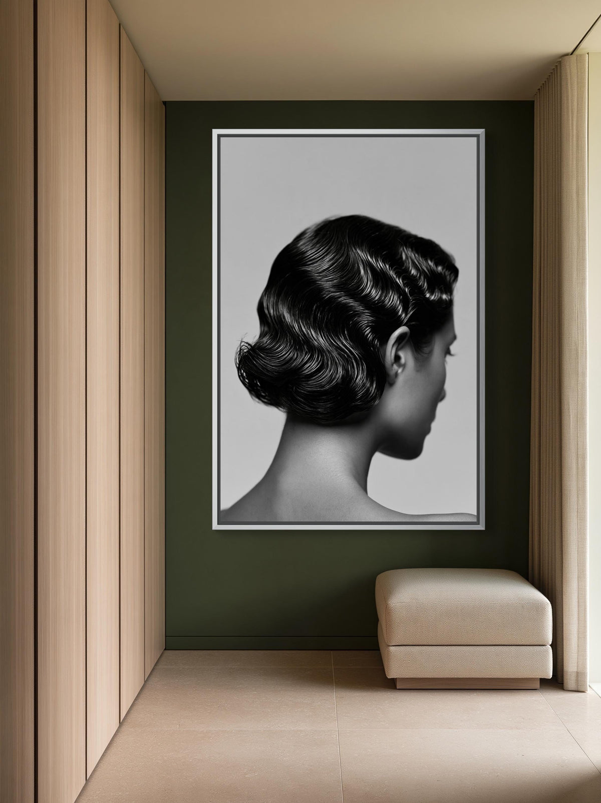 Finger wave hairstyle canvas wall art, large black and white portrait of a woman's face, hanging on a green wall in a room
