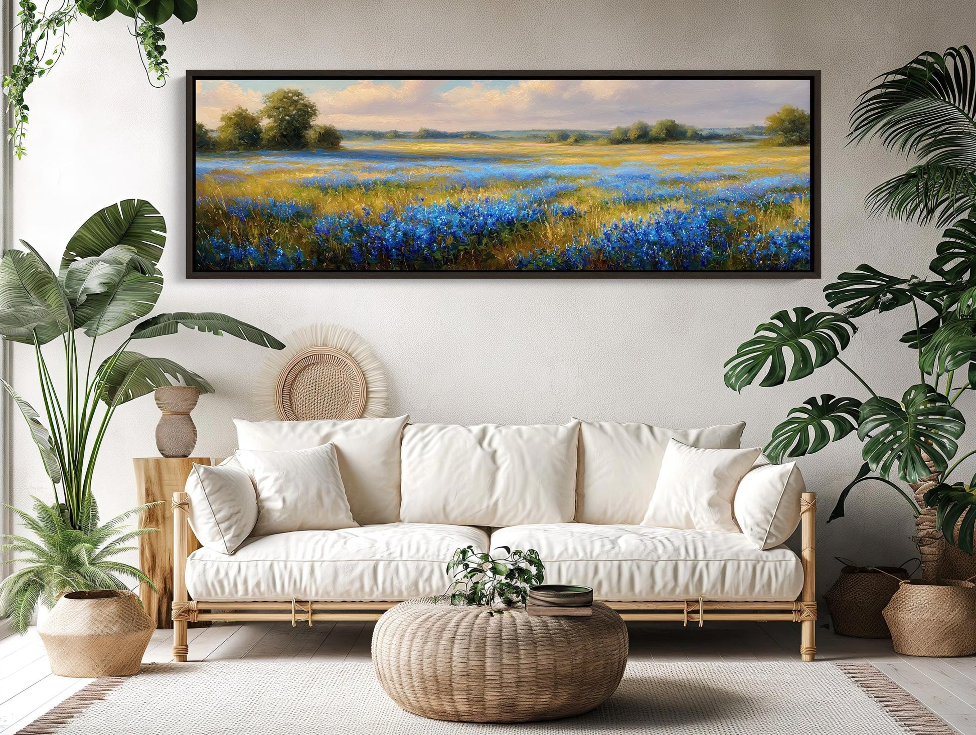 Bluebonnet canvas wall art shown in a living room