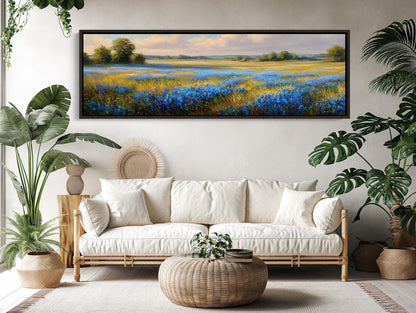 Bluebonnet canvas wall art shown in a living room