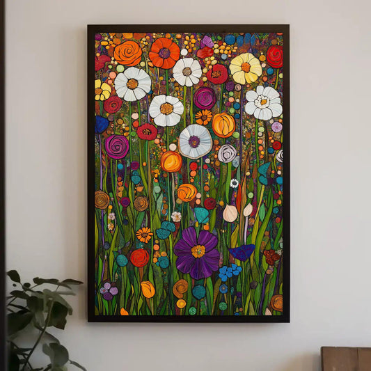 a painting of a field of flowers on a wall