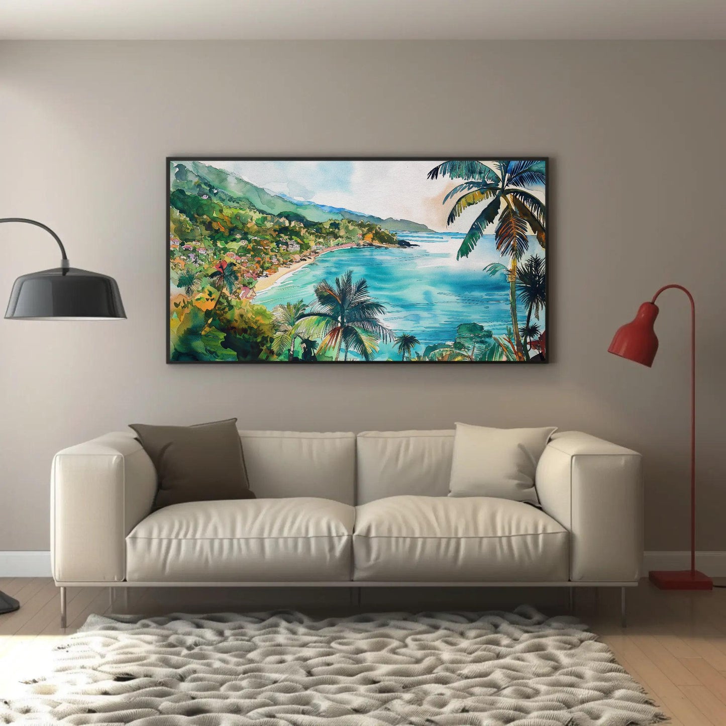 Watercolor canvas wall art shown in a living room